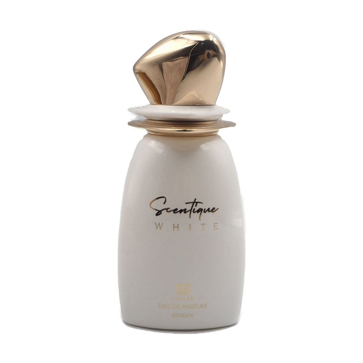 Weißer Flakon von Ahmed Al Maghribi Scentique Eau de Parfum mit goldenem Verschluss.