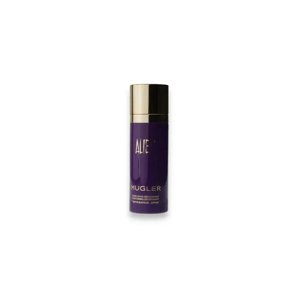 Lila Alien Deospray Flakon mit goldfarbenem Deckel auf weißem Hintergrund