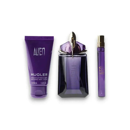 Alien Duftset mit Parfum, Bodylotion und Sprühflakon in lila Verpackung