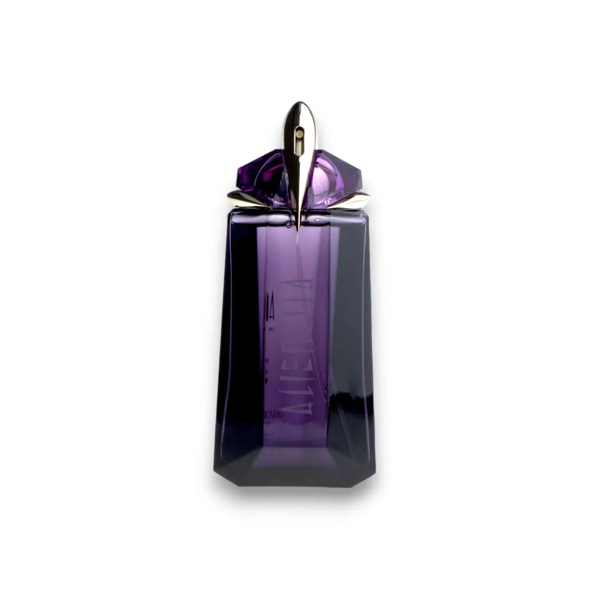 Lila Parfumflakon mit goldener Kappe, luxuriöses Damenparfum, eleganter Duft