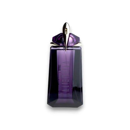 Edles Damenparfum in lila Flakon mit goldenen Akzenten, luxuriös und nachfüllbar.