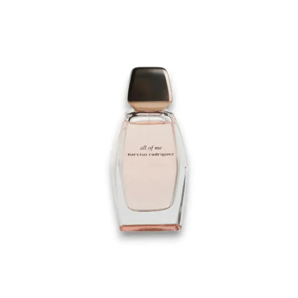 Edles Parfumflakon mit roséfarbenem Duft, Aufschrift 'all of me narciso rodriguez', weißer Hintergrund