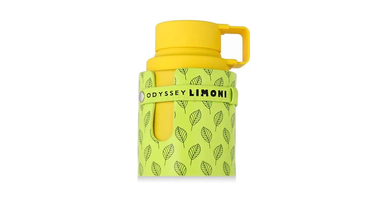 Gelb-grüner Parfumflakon mit Blattmuster und Aufschrift Odyssey Limoni, Duft für Damen und Herren