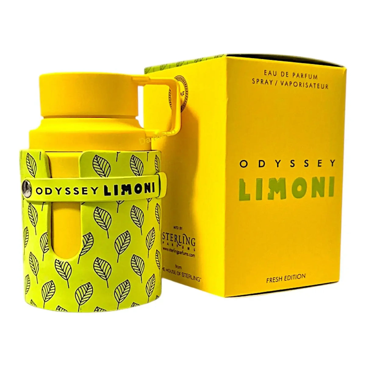 Odyssey Limoni Eau de Parfum, gelbe Parfümflasche mit Blattmuster und passender Box