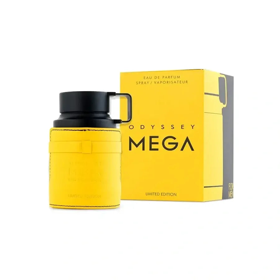 Gelber Herrenparfum-Flakon Odyssey Mega mit passender gelber Box, Eau de Parfum, 100 ml