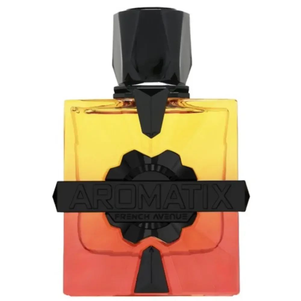 Luxus Parfumflakon, orange-gelb mit schwarzem Deckel, Aufschrift Aromatix French Avenue, 100ml