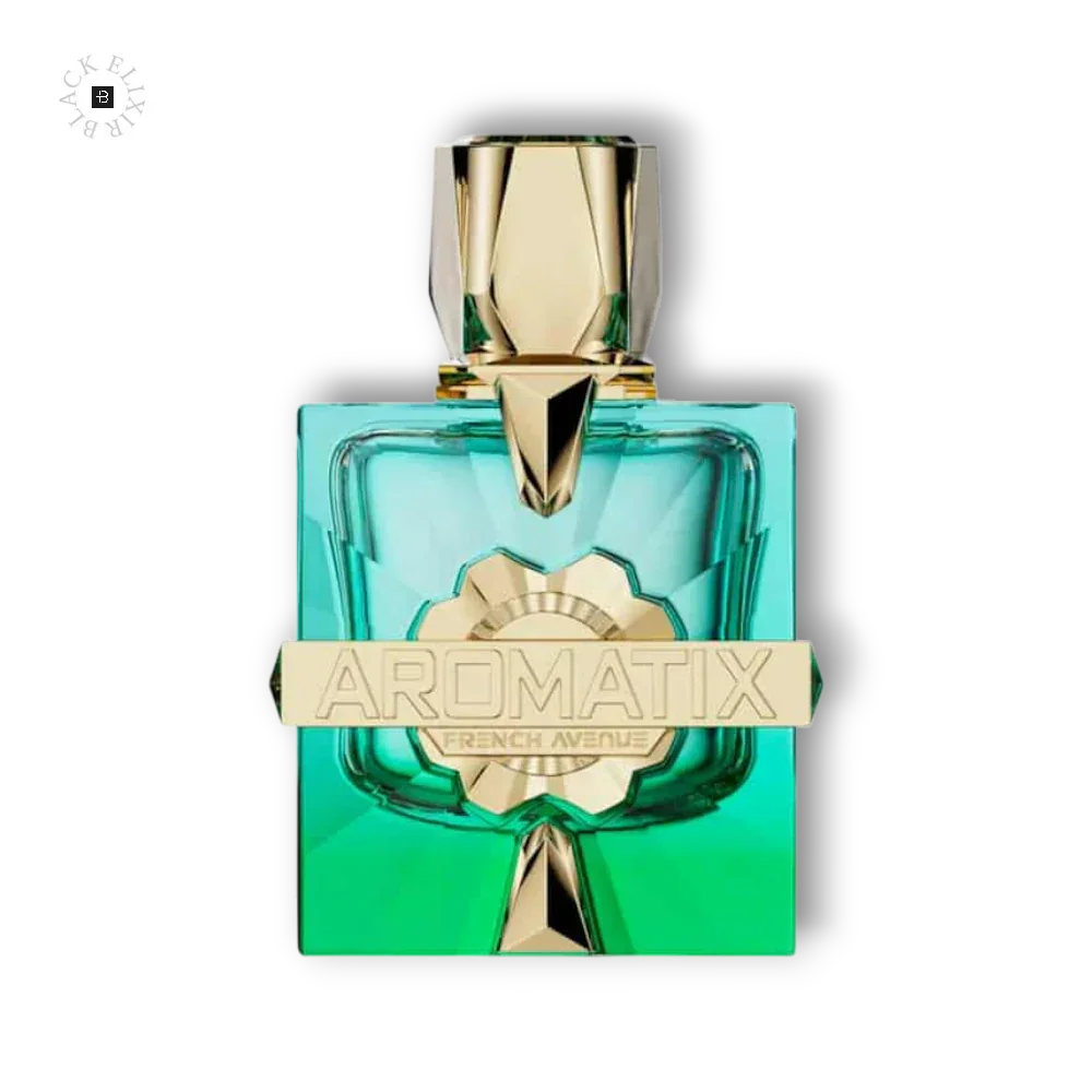 Luxuriöses Parfumflakon mit goldfarbenem Verschluss und AROMATIX Schriftzug auf schwarzem Hintergrund