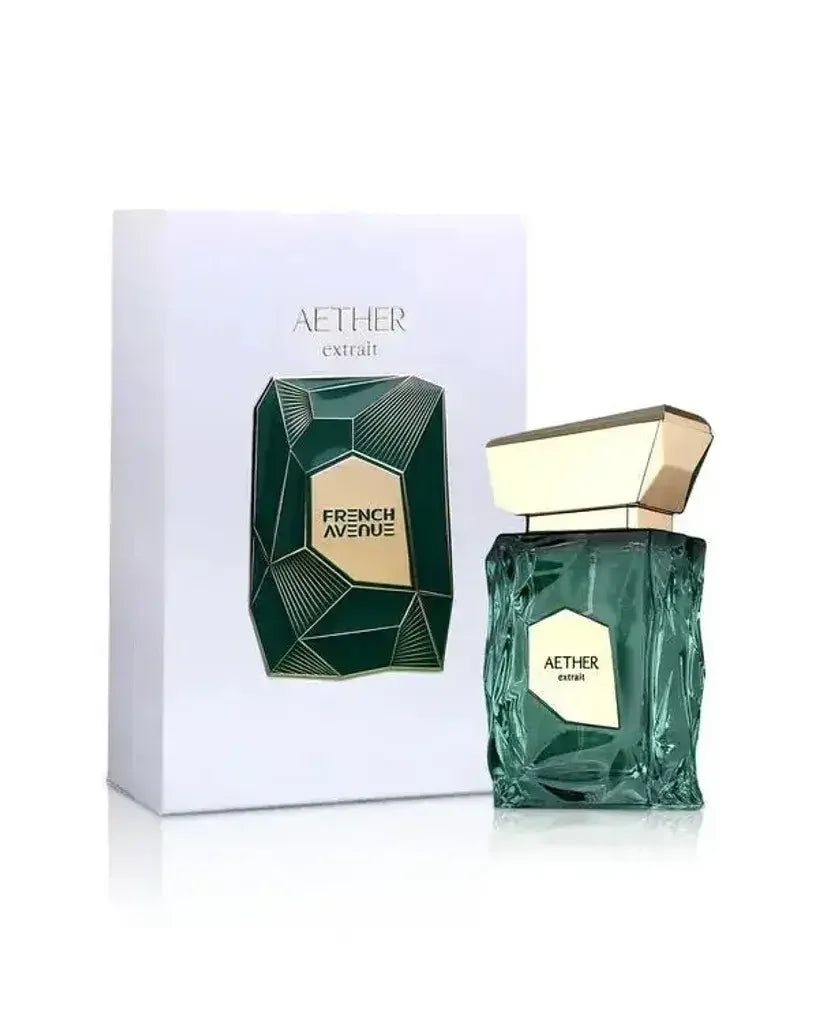 Luxusparfum Aether Extrait in elegantem grünen Flakon mit goldener Verschlusskappe, Verpackung im Hintergrund
