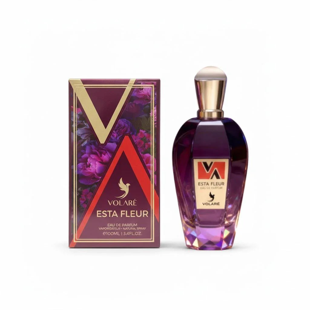 Lila Parfümflakon Volaré Esta Fleur mit passender Verpackung, luxuriöses Eau de Parfum