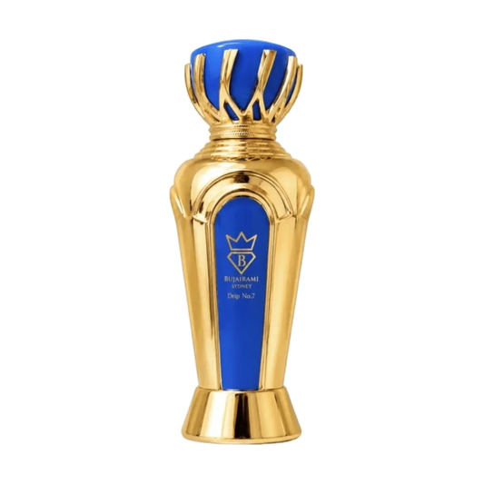 Luxus Parfümflakon in Gold und Blau mit BUJAIRAMI SYDNEY Drip No.7 Aufdruck