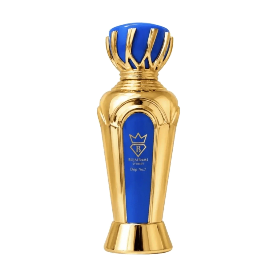 Luxus Parfümflakon in Gold und Blau mit BUJAIRAMI SYDNEY Drip No.7 Aufdruck
