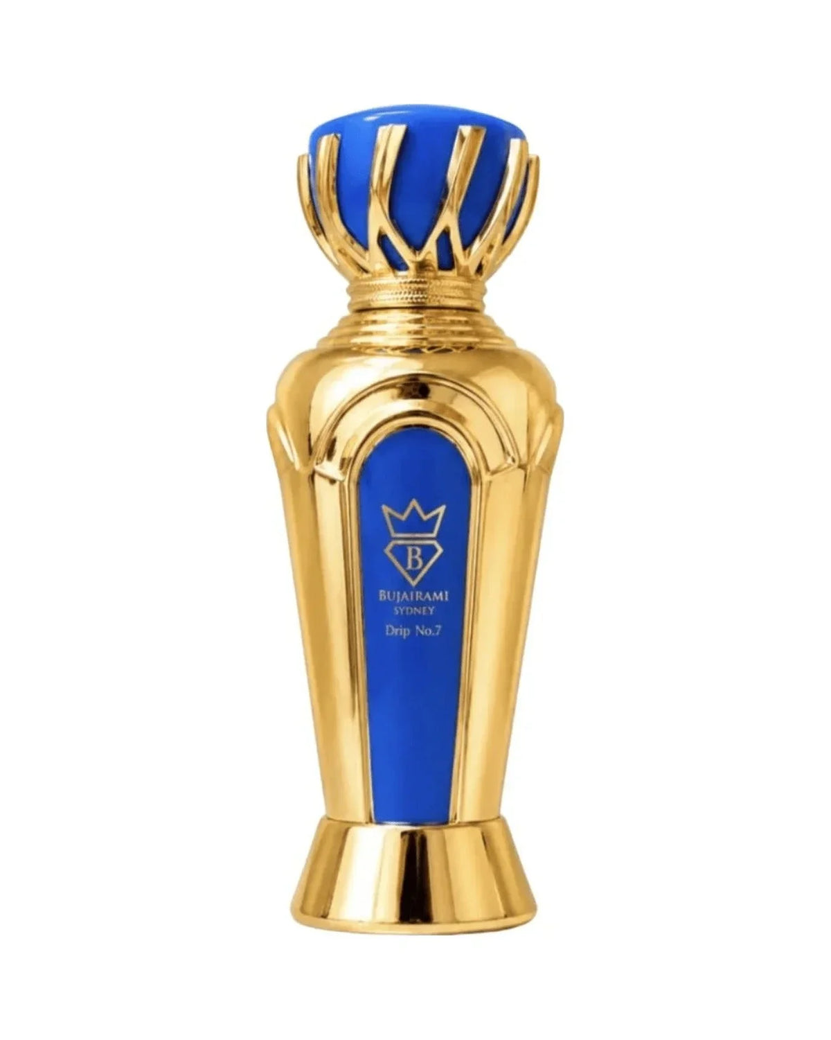 Luxus-Parfümflakon Bujairami Sydney Drip No.7 in Gold und Blau mit Kronendesign