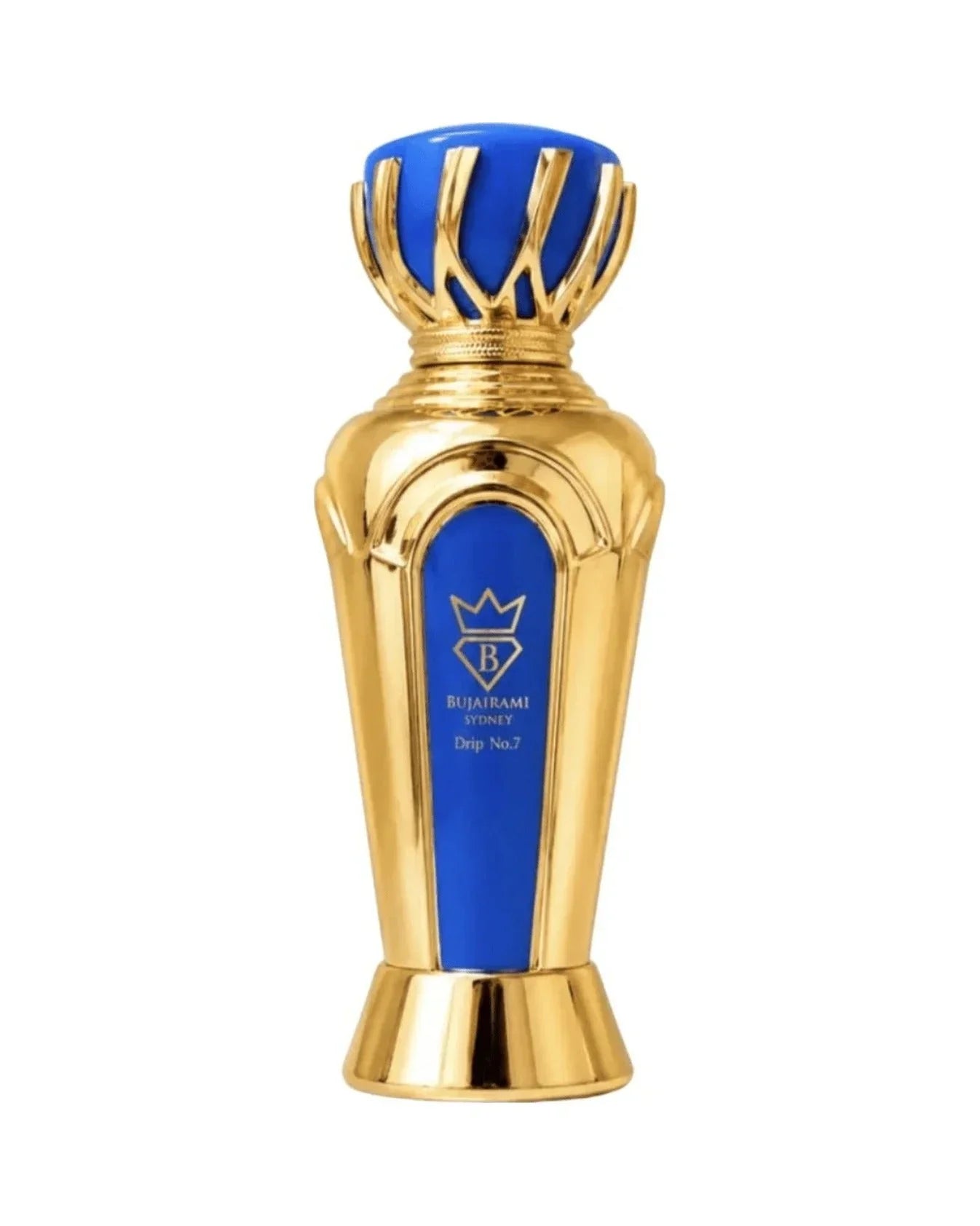 Luxus-Parfümflakon Bujairami Sydney Drip No.7 in Gold und Blau mit Kronendesign