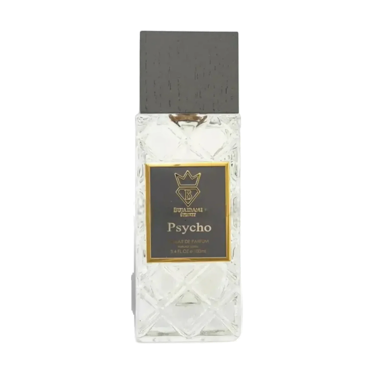 Bujairami Psycho Extrait de Parfum Flakon mit Kristall-Optik auf schwarzem Hintergrund