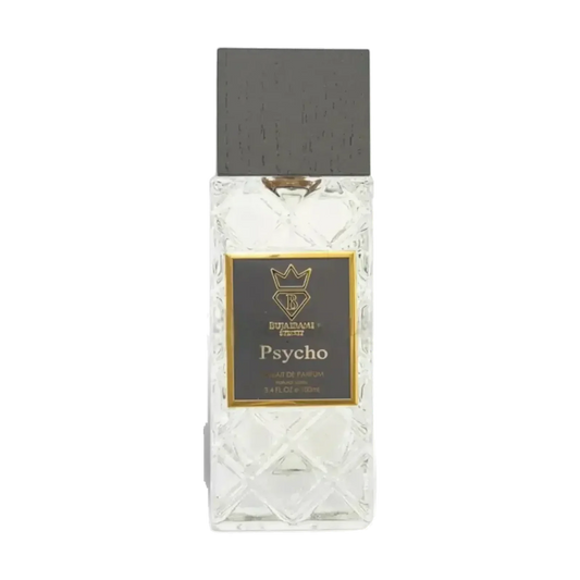 Bujairami Psycho Extrait de Parfum Flakon mit Kristall-Optik auf schwarzem Hintergrund