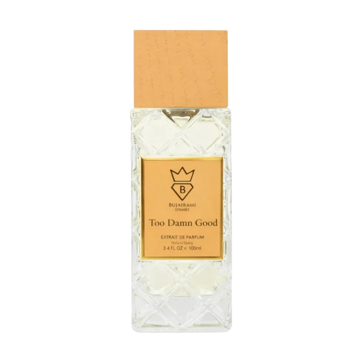 Bujairami Too Damn Good Extrait de Parfum in einer kristallinen Glasflasche mit goldener Kappe