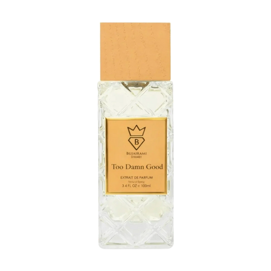 Bujairami Too Damn Good Extrait de Parfum in einer kristallinen Glasflasche mit goldener Kappe