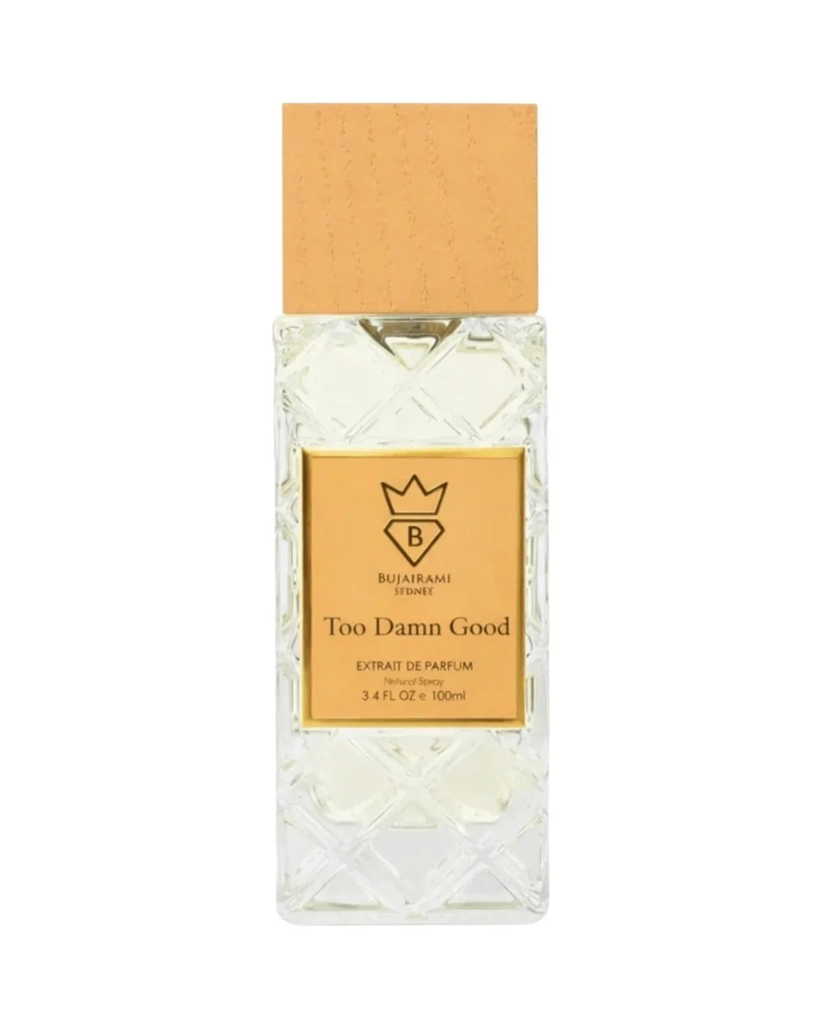 Bujairami Too Damn Good Extrait de Parfum Flakon mit goldener Kappe und Kristallglas-Design