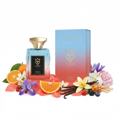 Luxus Parfum Flakon mit blau-rosa Verlauf, Vanilleschoten, Orangen und Blüten – edler Duft für Damen & Herren