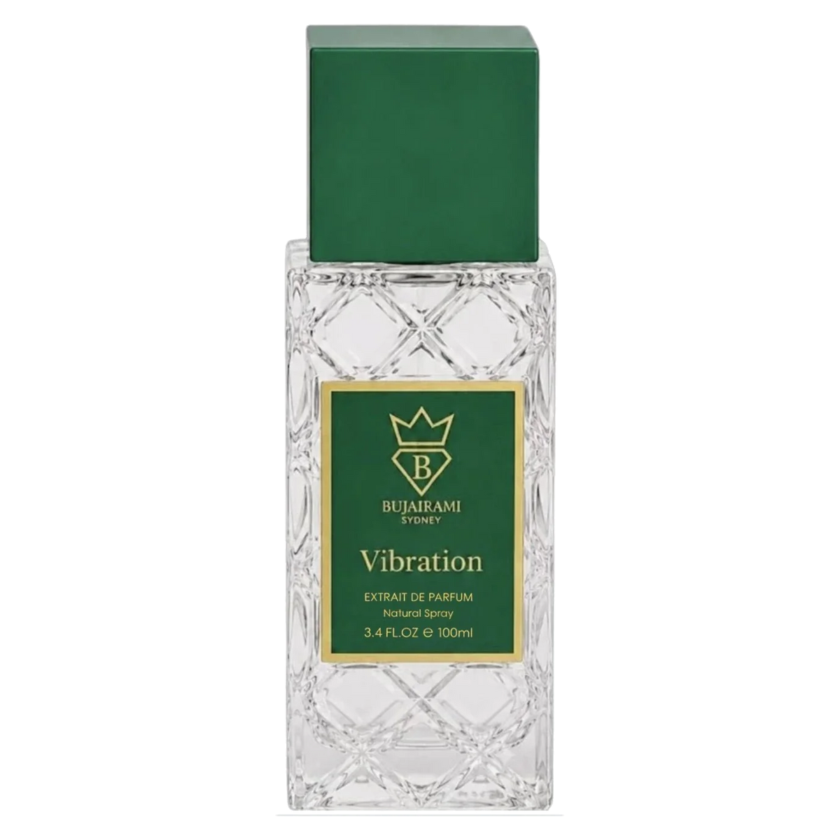 Bujairami Vibration Extrait de Parfum in einem kristallinen Glasflakon mit grünem Verschluss.