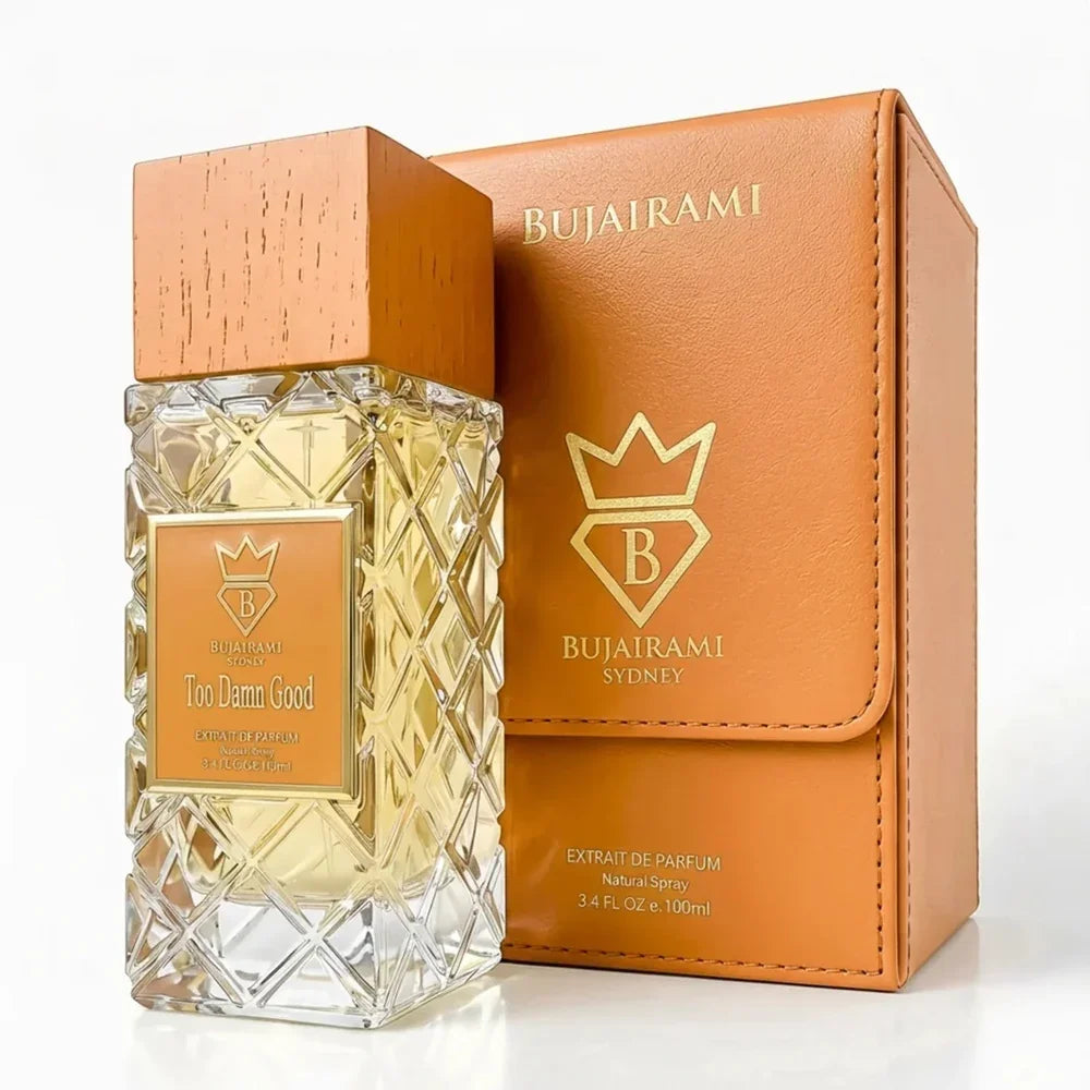 Bujairami Too Damn Good Extrait De Parfum Flakon und braune Verpackung