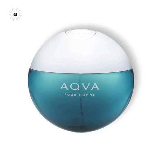 Aqva Pour Homme Eau de Toilette für Herren, rundes blaues Parfumflakon vor weißem Hintergrund