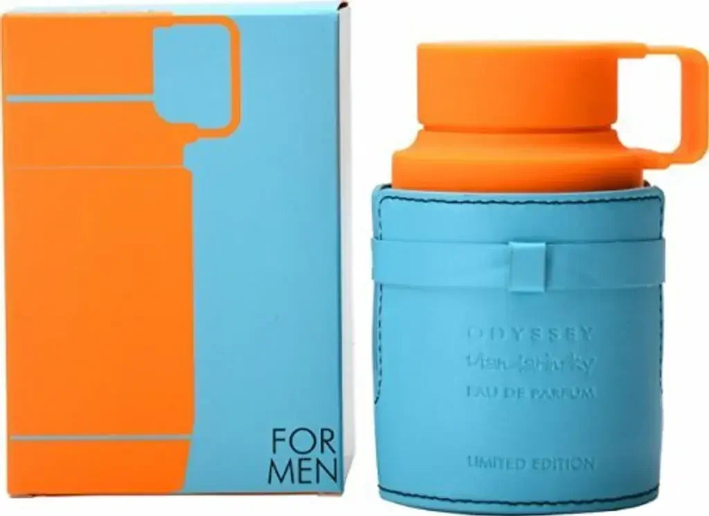 Herrenparfum Flakon in Blau und Orange neben passender Verpackung, Eau de Parfum, Limited Edition