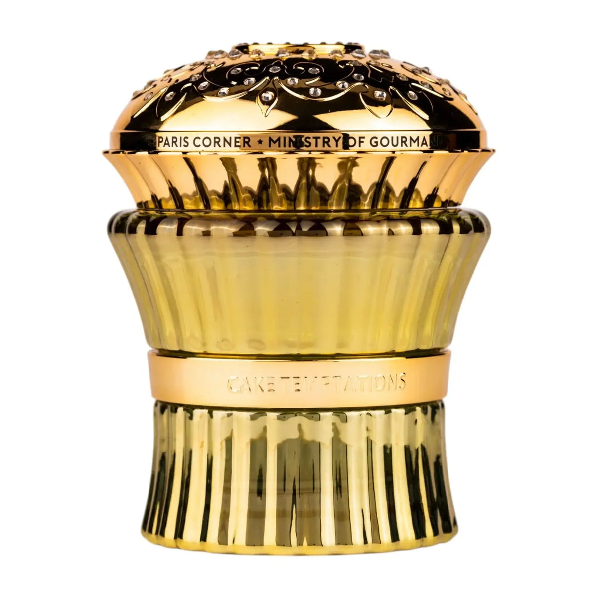 Goldfarbenes Damenparfum in eleganter Glasflasche mit Verzierungen, Luxusduft