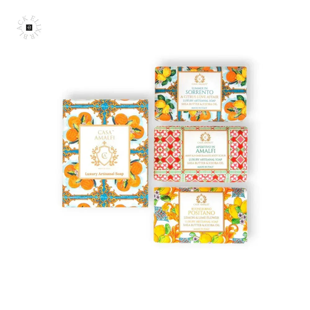 Buntes 3er-Set Luxus-Seifen mit mediterranen Zitrusmotiven und floralen Designs.