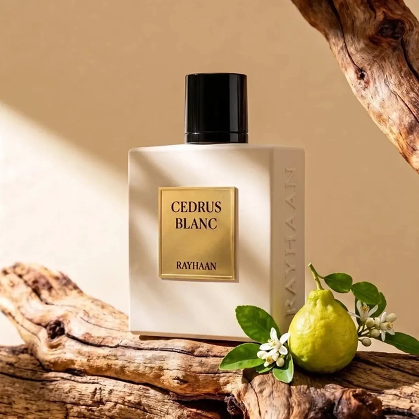 Rayhaan Cedrus Blanc Parfumflasche auf Treibholz mit Limette