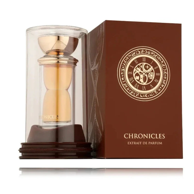 Luxus Parfumflakon Chronicles in goldener Sanduhrform mit brauner Verpackung, Extrait de Parfum