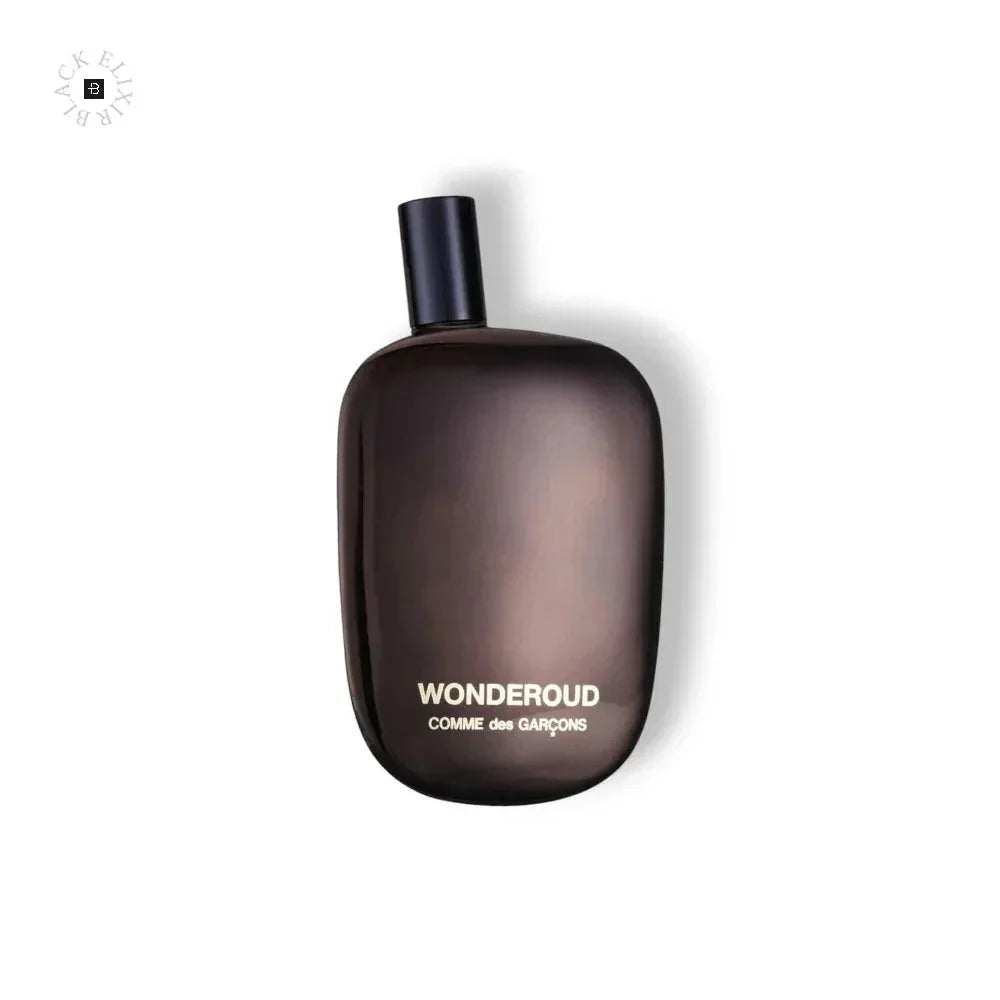 Dunkle Parfümflasche Comme des Garçons Wonderoud Eau de Parfum auf weißem Hintergrund