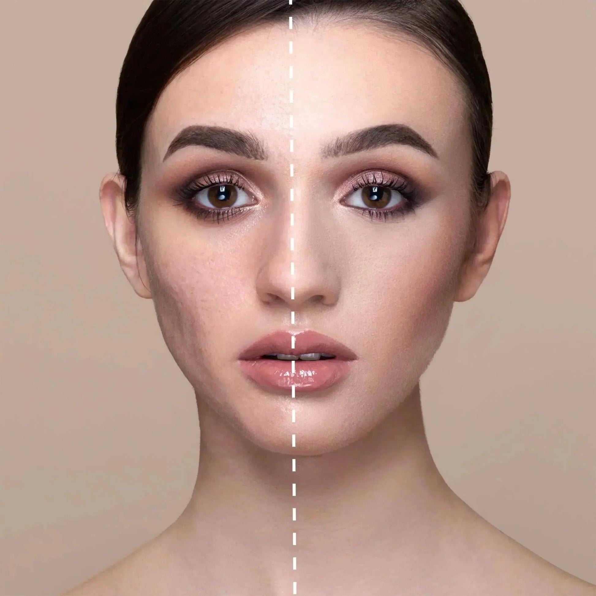 Vorher-Nachher-Bild einer Frauengesichtshälfte mit und ohne Concealer, glatte Haut, Make-up-Effekt