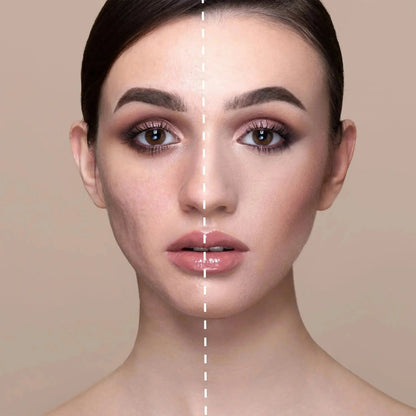 Vorher-Nachher-Bild einer Frauengesichtshälfte mit und ohne Concealer, glatte Haut, Make-up-Effekt