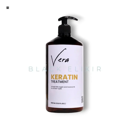 Braune Flasche Vera Keratin Treatment mit Pumpspender auf weißem Hintergrund, Haarpflege