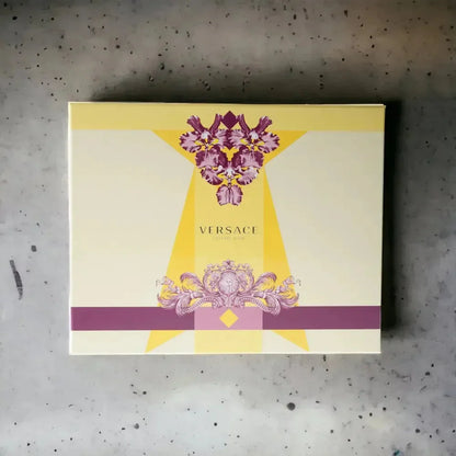 Versace Crystal Noir Duftset Geschenkbox mit floralen und goldfarbenen Details, luxuriöses Parfum