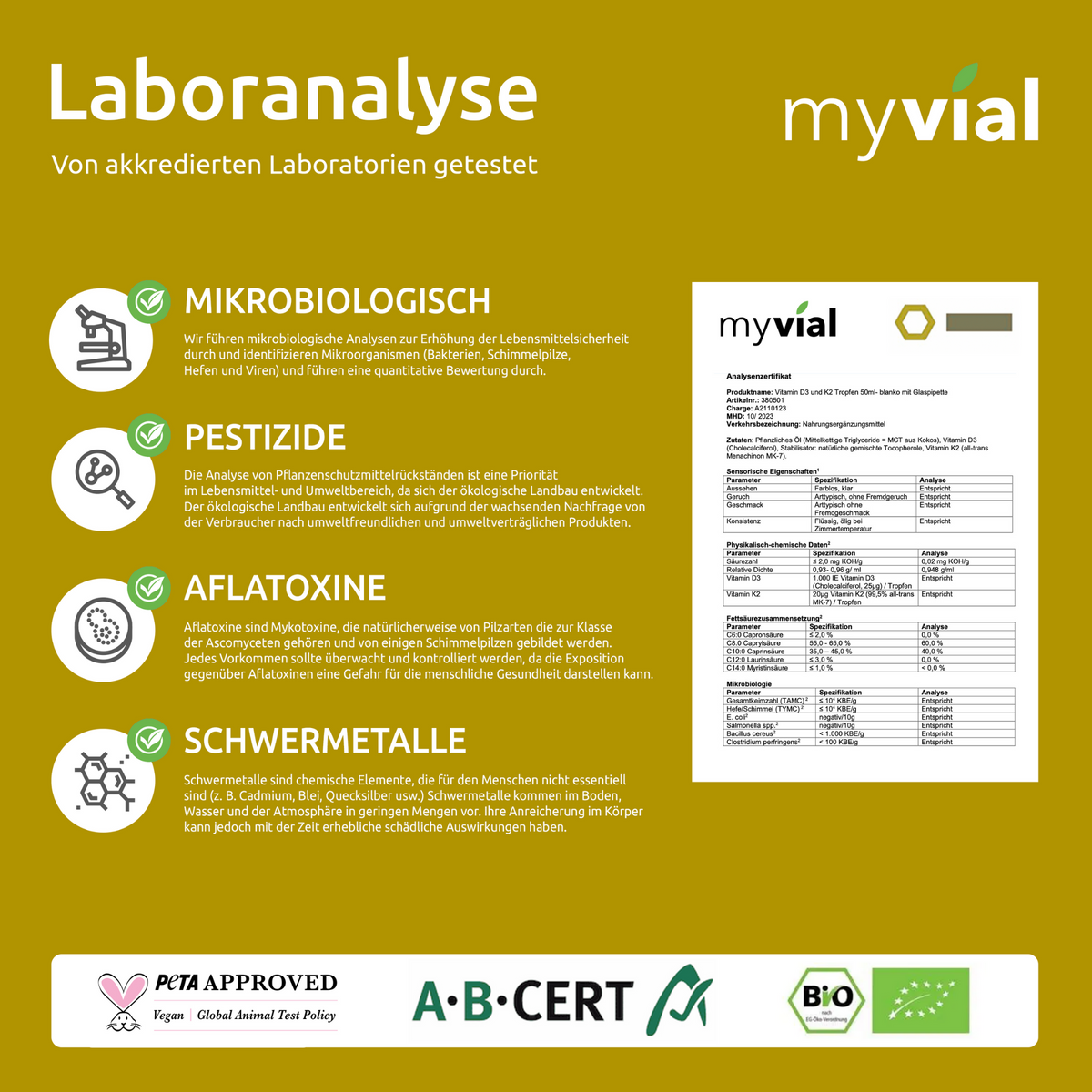 myvial Vitamin D3 + K2 Tropfen Flakon mit Laboranalyse-Zertifikat