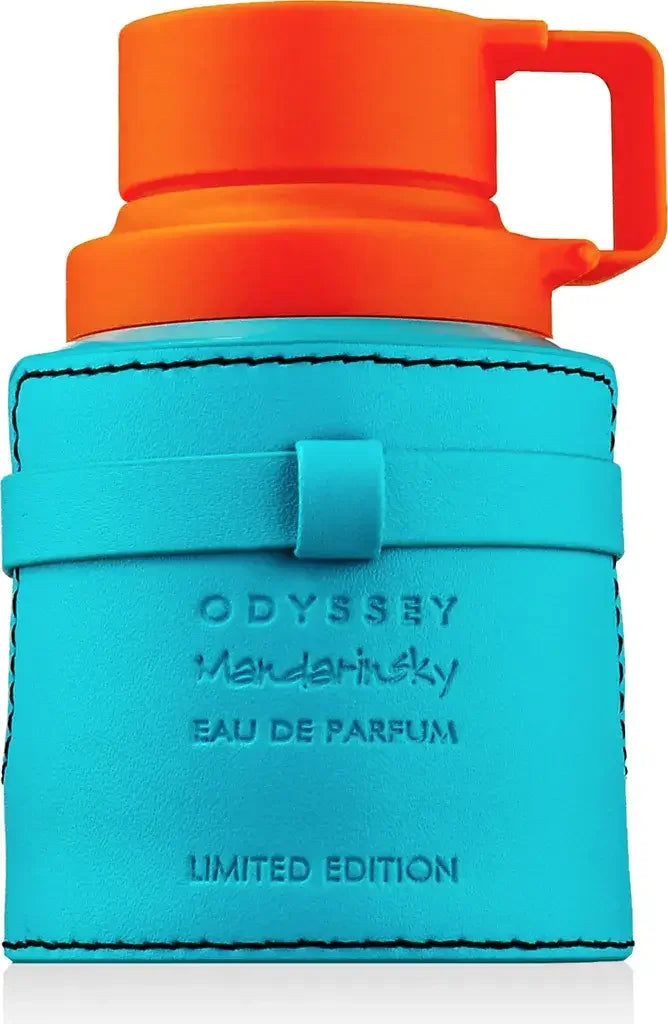 Exklusives Eau de Parfum in türkis-orange Flakon, Aufschrift Odyssey Mandarinsky, Limited Edition