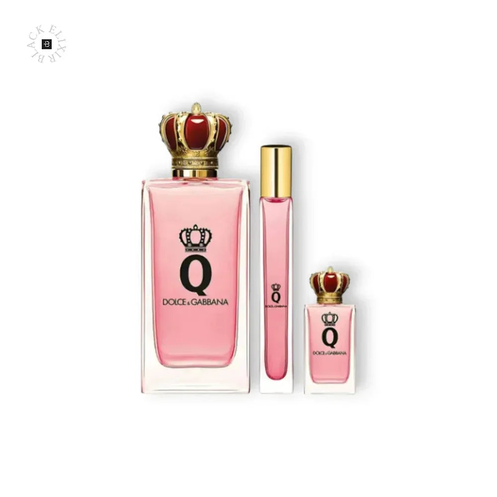 Luxuriöses Eau de Parfum Geschenkset mit drei pinken Flakons, eleganter Kronenverschluss