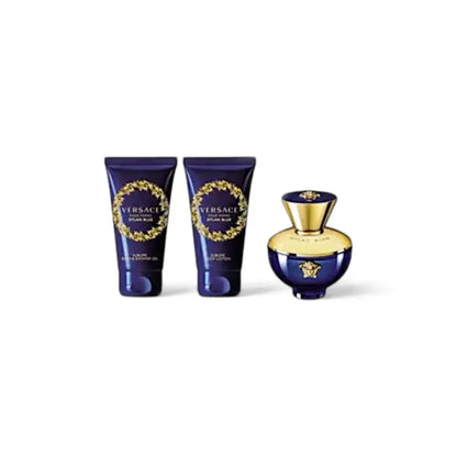 Damen Duftset mit dunkelblauen Flakons und goldenen Details, bestehend aus Parfum und Bodylotions.
