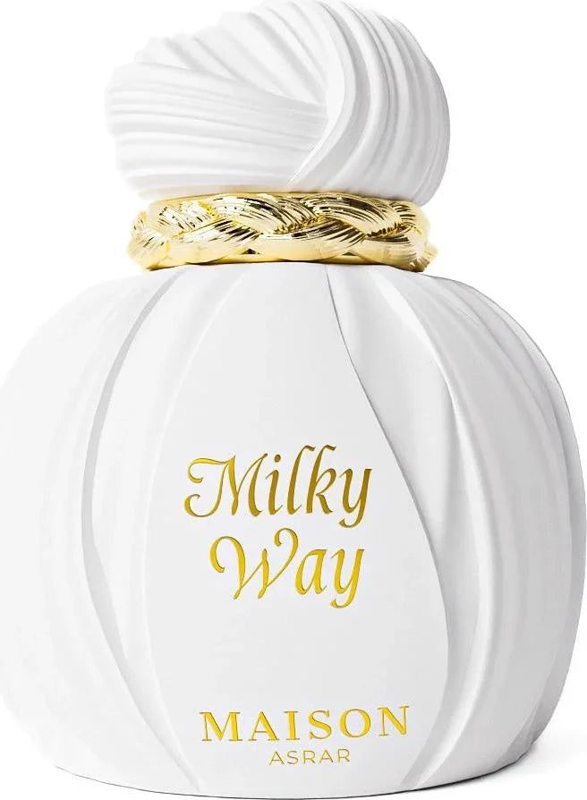 Luxus Parfumflakon aus weißem Glas mit goldener Schrift, elegant und modern