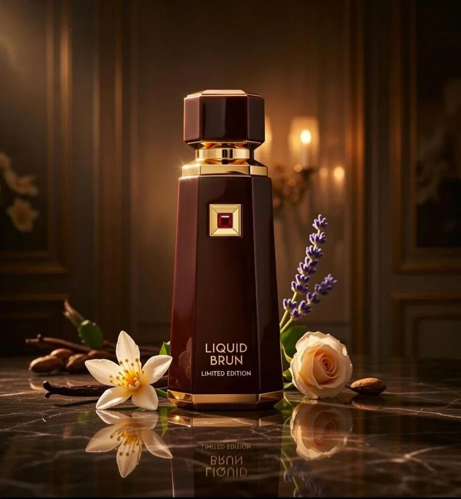 Luxusparfum Liquid Brun Limited Edition, brauner Flakon mit goldenen Akzenten, umgeben von Blüten und Lavendel, edle Kulisse