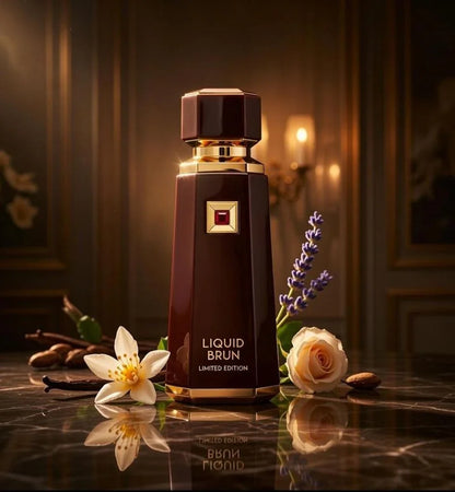 Luxusparfum Liquid Brun Limited Edition, brauner Flakon mit goldenen Akzenten, umgeben von Blüten und Lavendel, edle Kulisse