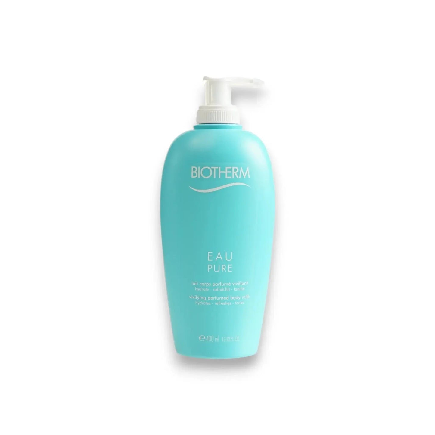 Türkise Flasche Biotherm Eau Pure Body Milk mit Pumpspender, Produkt auf weißem Hintergrund