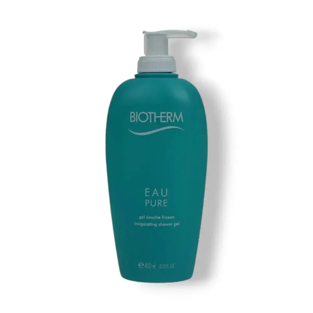 Türkise Flasche Biotherm Eau Pure Duschgel mit Pumpspender, 400 ml, vor weißem Hintergrund.