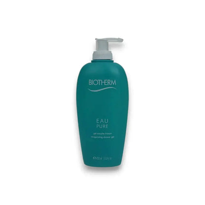 Türkise Flasche Biotherm Eau Pure Shower Gel mit Pumpspender freigestellt, Duschgel