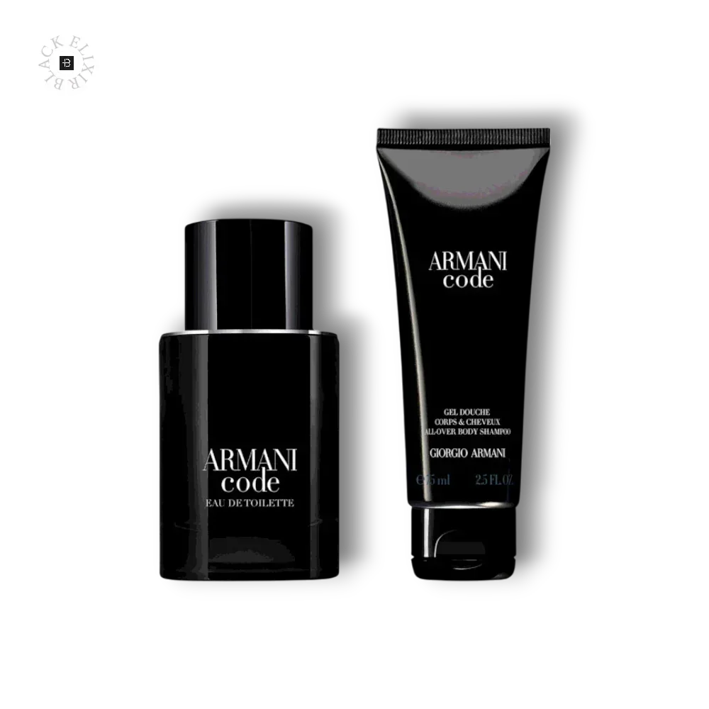 Armani Code Herren Duft- und Duschgel-Set, schwarze Flakons auf schwarzem Hintergrund