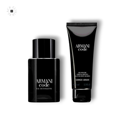 Armani Code Parfum und Duschgel Set für Herren vor schwarzem Hintergrund