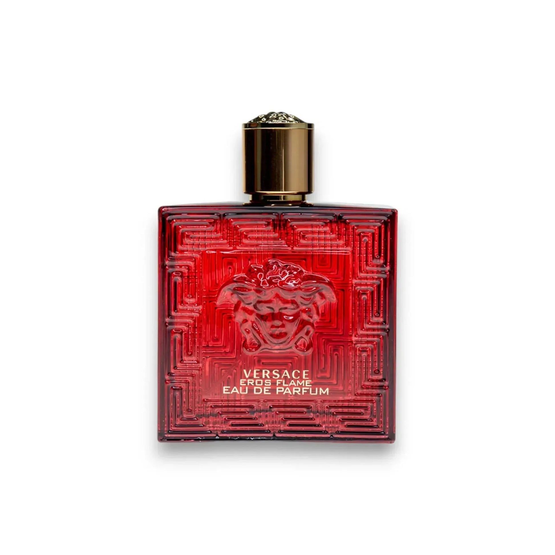 Roter Flakon Versace Eros Flame Eau de Parfum für Herren mit goldener Kappe
