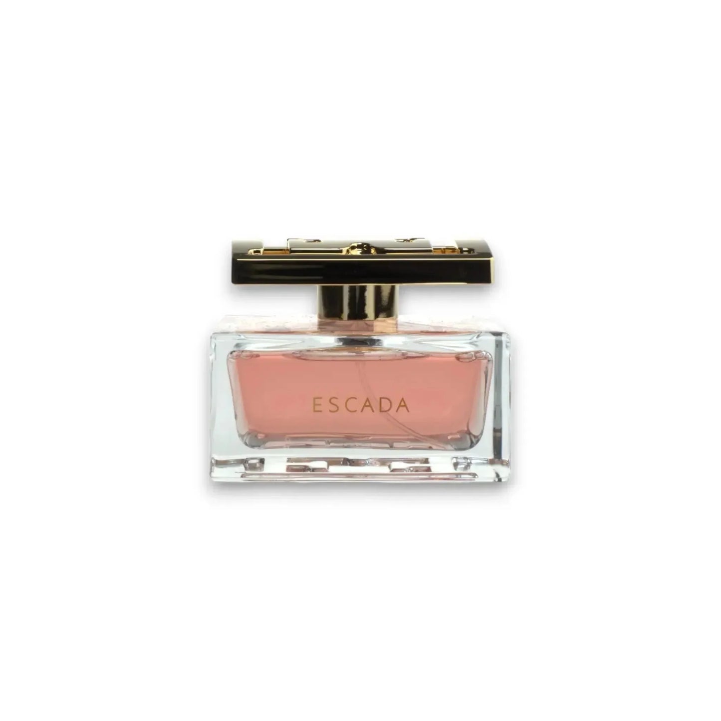 Elegantes Damenparfum in Glasflakon mit goldener Kappe und rosa Duft, luxuriöses Parfum